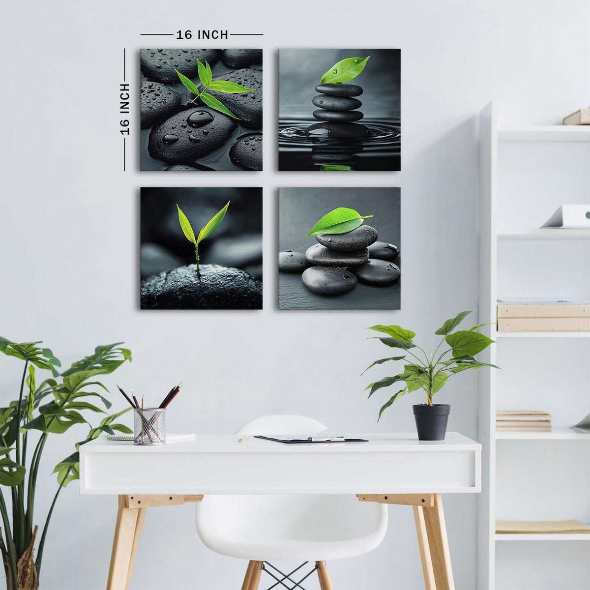 Zen Canvas Wall Art Living Room Bathroom Decor Stone Green Leaves Poster Print Contemporary Yoga Spa Kitchen Wall Decor Black and White Zen Spiritual Meditation Picture Home Decoration 16x16” 4 Pieces (16"L x 16"W / Zen)