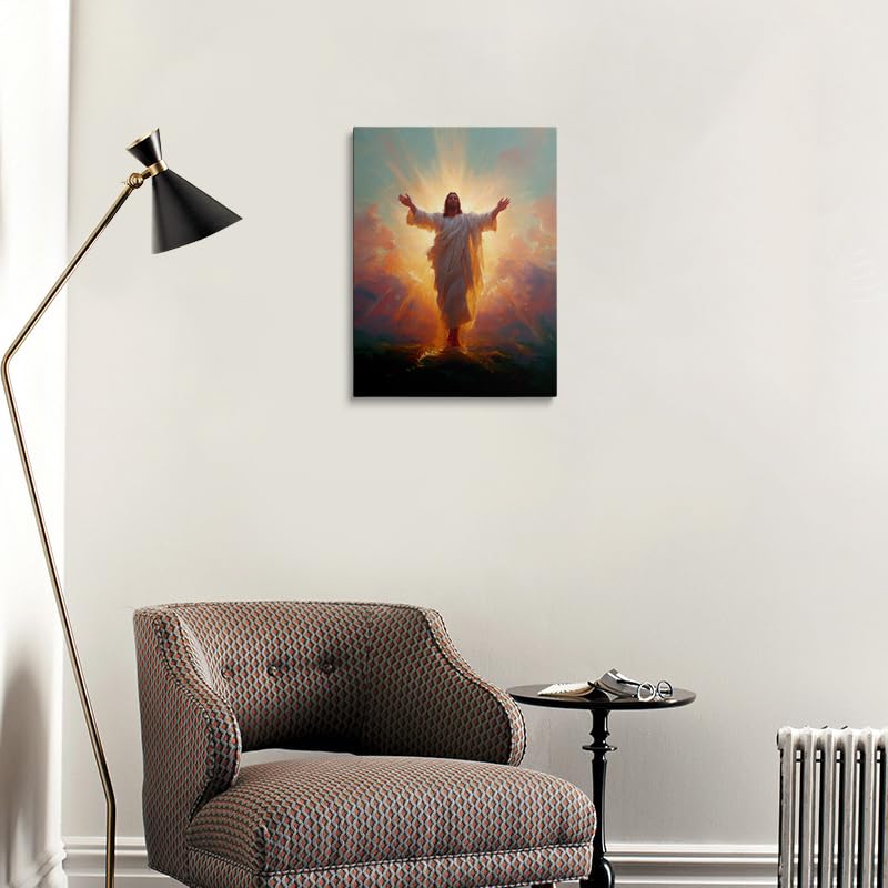 Risen Christ Canvas Wall Art Framed Painting Jesus with Divine Light Rays Outstretched Arms in White Robes Religious Christian Wall Decor Artwork Print Poster 16x24 Inches (Illuminating Jesus / 24"L x 16"W)
