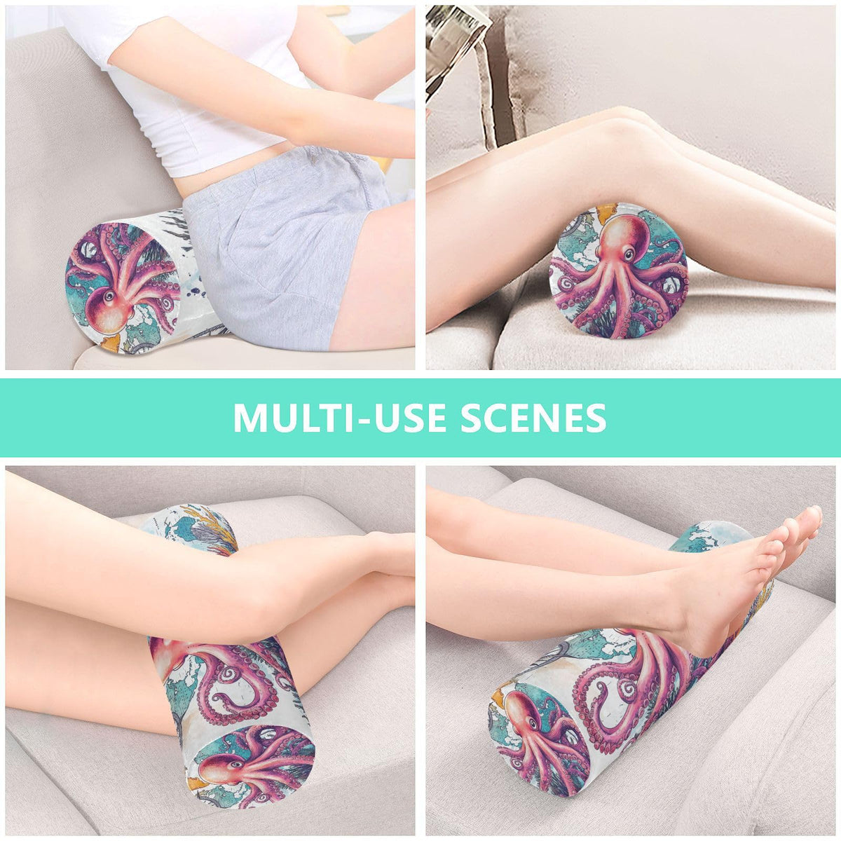 Octopus and Compass Neck Roll Pillow Bolster Round Health Memory Foam Long Cervical Cylinder Pillows with Removable Washable Cover for Body Bed Legs Back Yoga (Octopus and Compass)