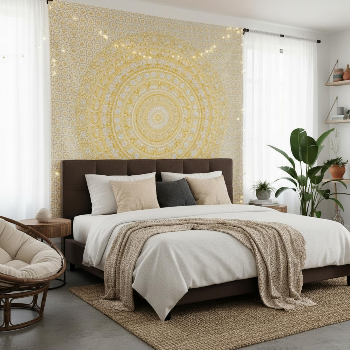 Cotton Mandala Tapestry (Yellow / 90"L x 108"W)