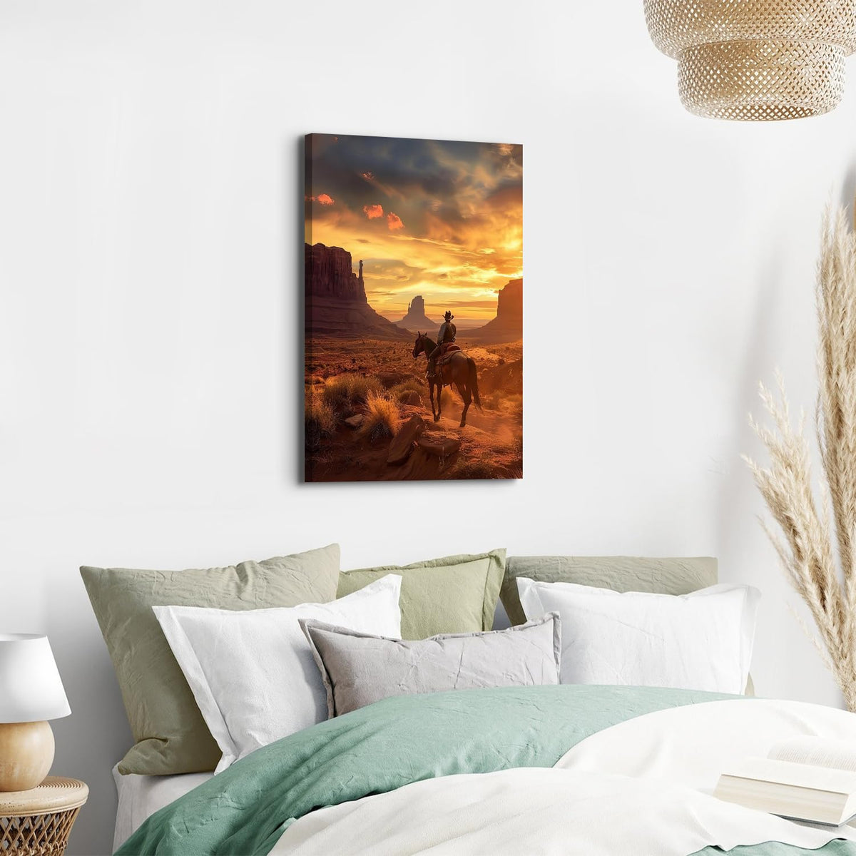 Cowboy Western Wall Art Desert Mountain Wall Decor Sunset Landscape Picture for Living Room Bedroom Rustic Cowboy on Horse Painting Canvas Prints Southwest Poster Artwork Home Decorations 16x24” (16"L x 24"W / ZRCB13)