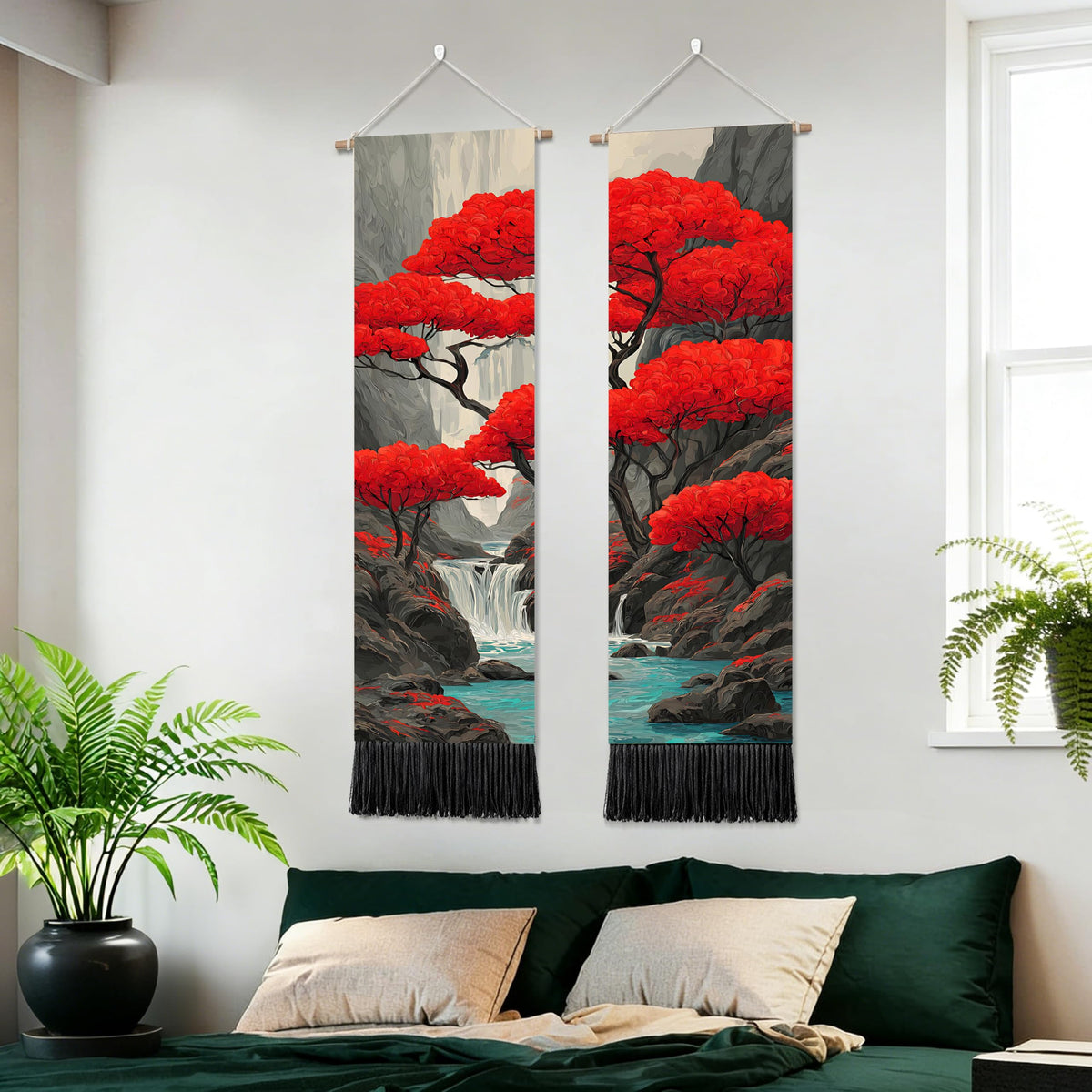 2 Pack Long Vertical Wall Tapestry (Scarlet Maple Scene / 13"Wx51"H)