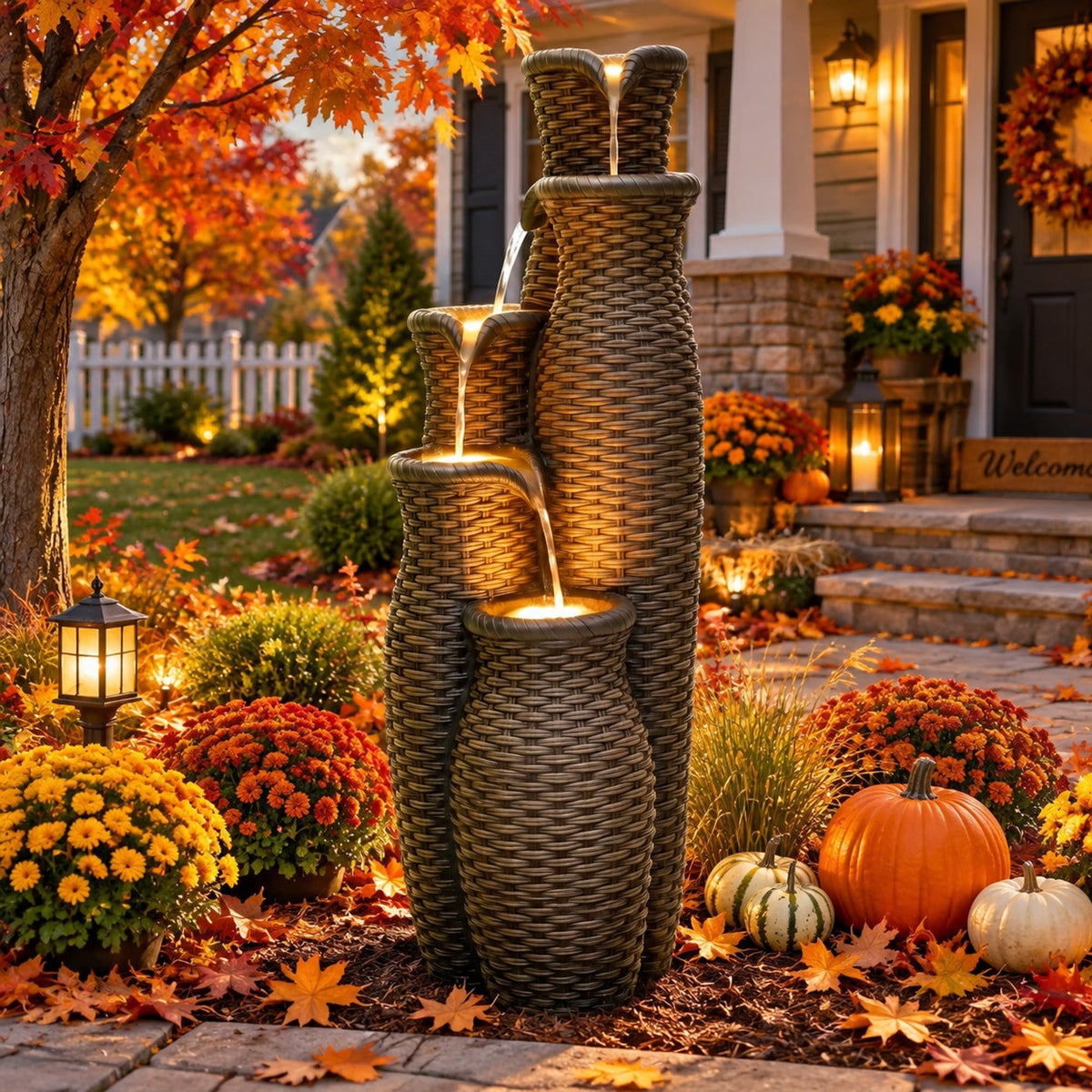 33" Faux Rattan Vase Water Fountain Outdoor with Warm LED Lights