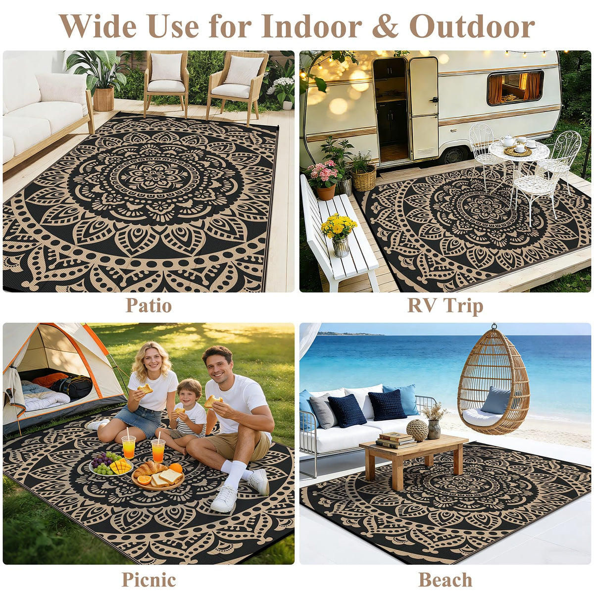 Waterproof Outdoor Rug (Flower Black Gold / 5 x 8 Feet)