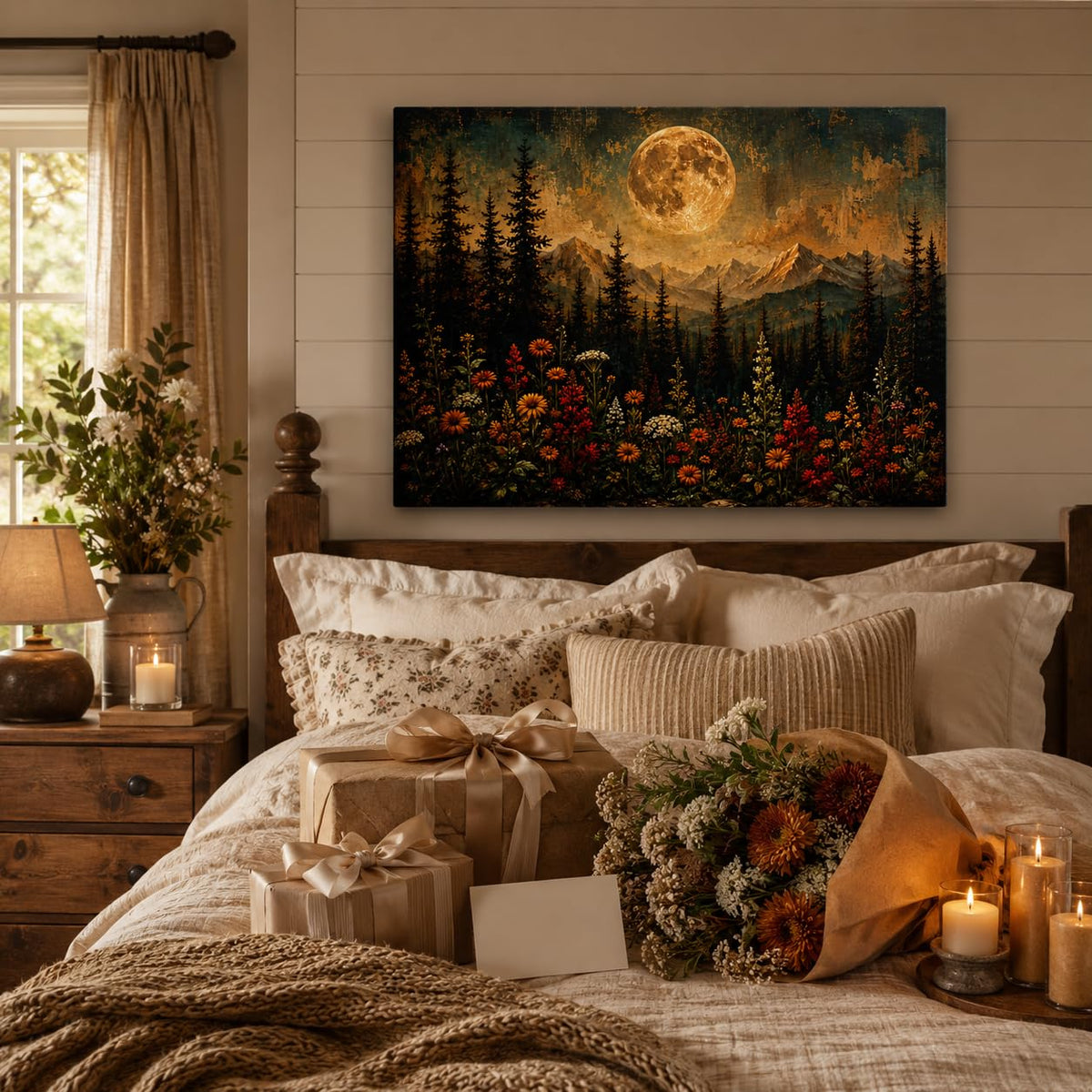 Vintage Moon Forest Canvas Wall Art Framed Mountain Wildflower 12x16 Inch (Vintage Mountain / 16"L x 12"W)