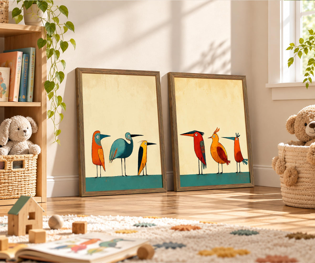 Mid Century Modern Bird Wall Art Colorful Birds on Wire Canvas Print (Birds / 16"L x 12"W)