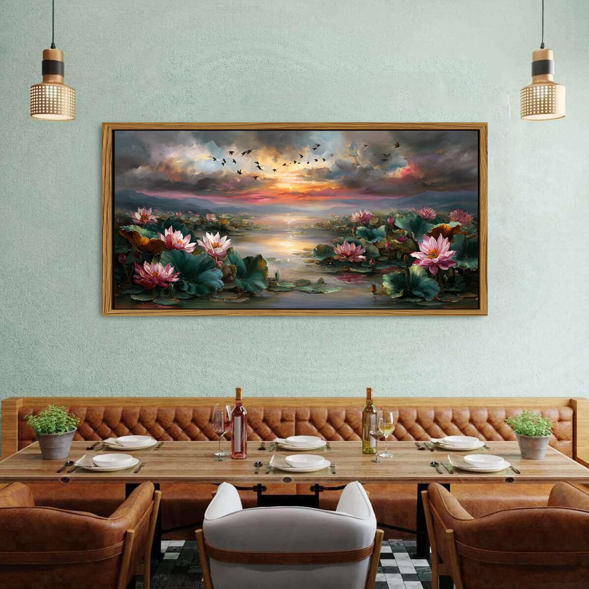 Zen Wall Art Framed Pink Lotus Flower Decor Abstract Blooming Botanical Canvas Prints Vintage Floral Pictures Nature Sunset Pond Landscape Modern Artwork for Bedroom Living Room Home Decoration 30x57.8" (30"L x 57.8"W / Lotus)