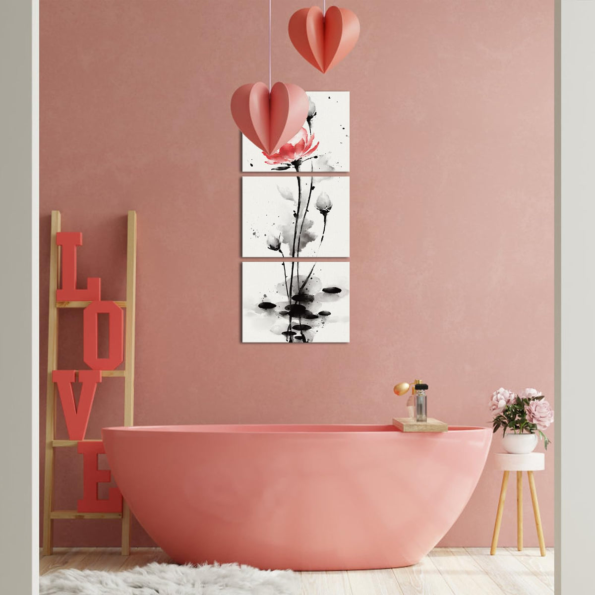 Traditional Chinese Painting Watercolor Lotus Flowers Canvas Prints Zen Water Lily Art Pictures Decor (Red)