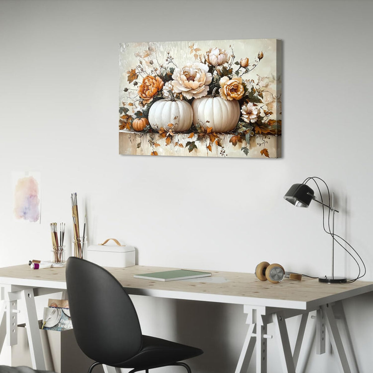 Vintage Fall Flowers Pumpkin Wall Art for Bedroom (30"L x 20"W / Pumpkin3)