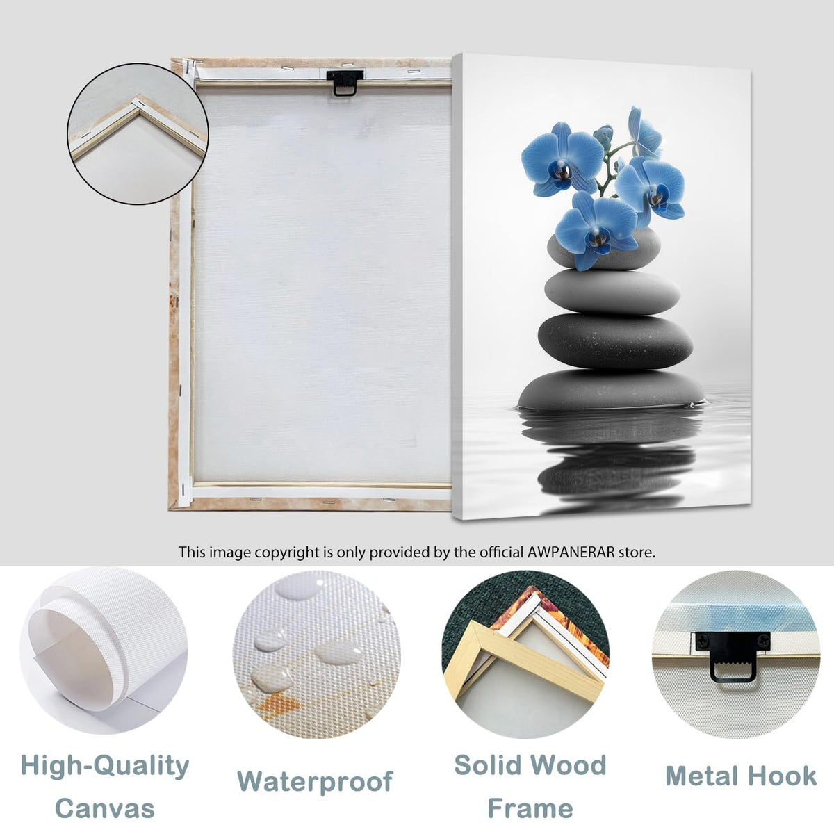 Zen Canvas Wall Art Spa Bathroom Poster Orchid Flowers and Zen Stones on Water Pictures Print Meditation Spiritual Artwork Yoga Zen Room Decor Framed (Blue / 42L" x 28W")