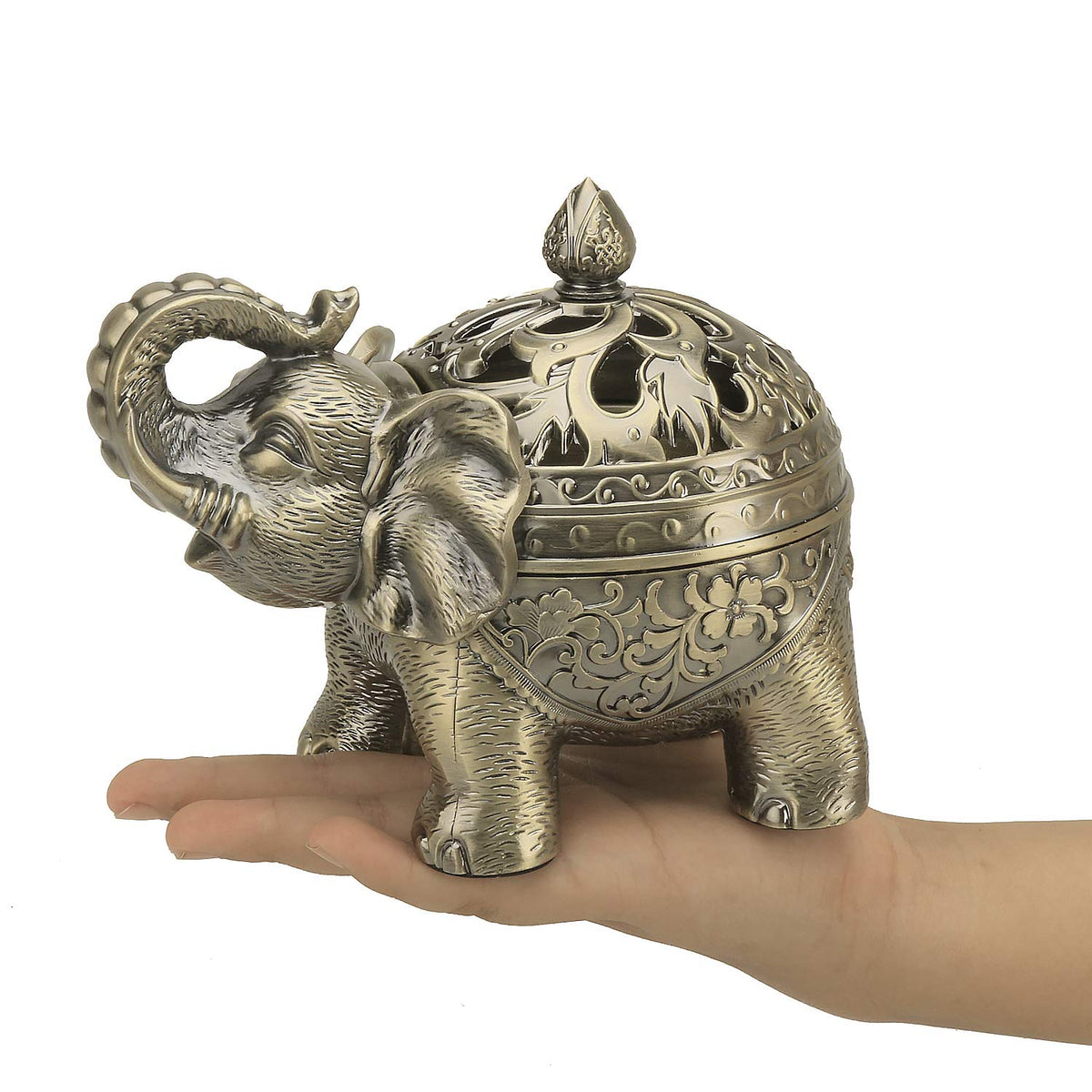 Metal Backflow Incense Holder Elephant Cone Coil Incense Burner Ash Catcher with Lid (Bronze)