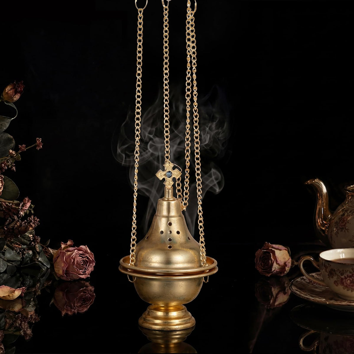 Vintage Hanging Charcoal Incense Resin Burner with Chain and Tongs (Gold)