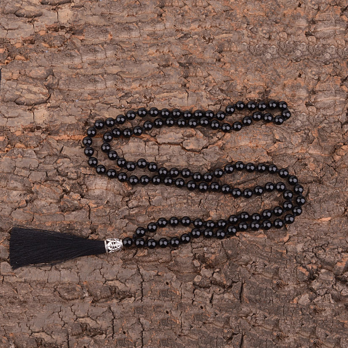 Mala Beads 108 Natural Stone GemStones Japamala Yoga Meditation Hand Knotted Beaded Tassel Necklace for Women Men (Black Agate)