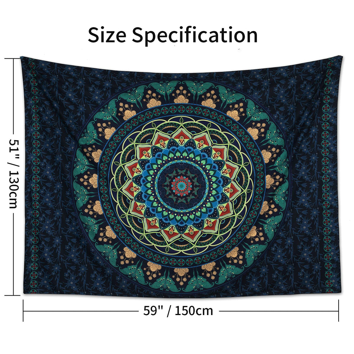 Boho Mandala Tapestry Aesthetic Wall Hanging Psychedelic Hippie Butterfly Tapestries Vintage Wall Art Home Decor for Bedroom (59"L x 51"W / Mandala Tapestry -Green)