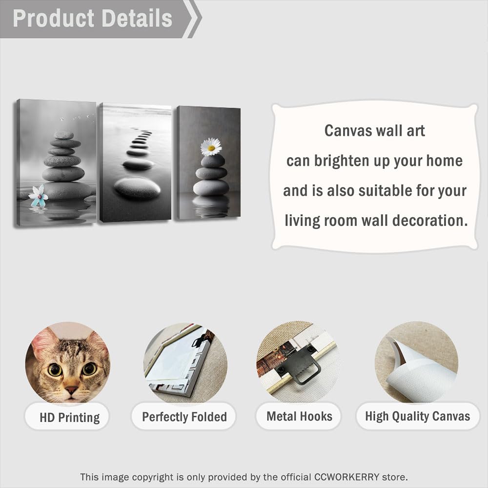 3PCS Zen Stones Canvas Wall Art Black and White Zen Stone Painting Calming Meditation Wall Decor for Yoga Studio Office Spa Bathroom (gray / 16W"x24L"x3)