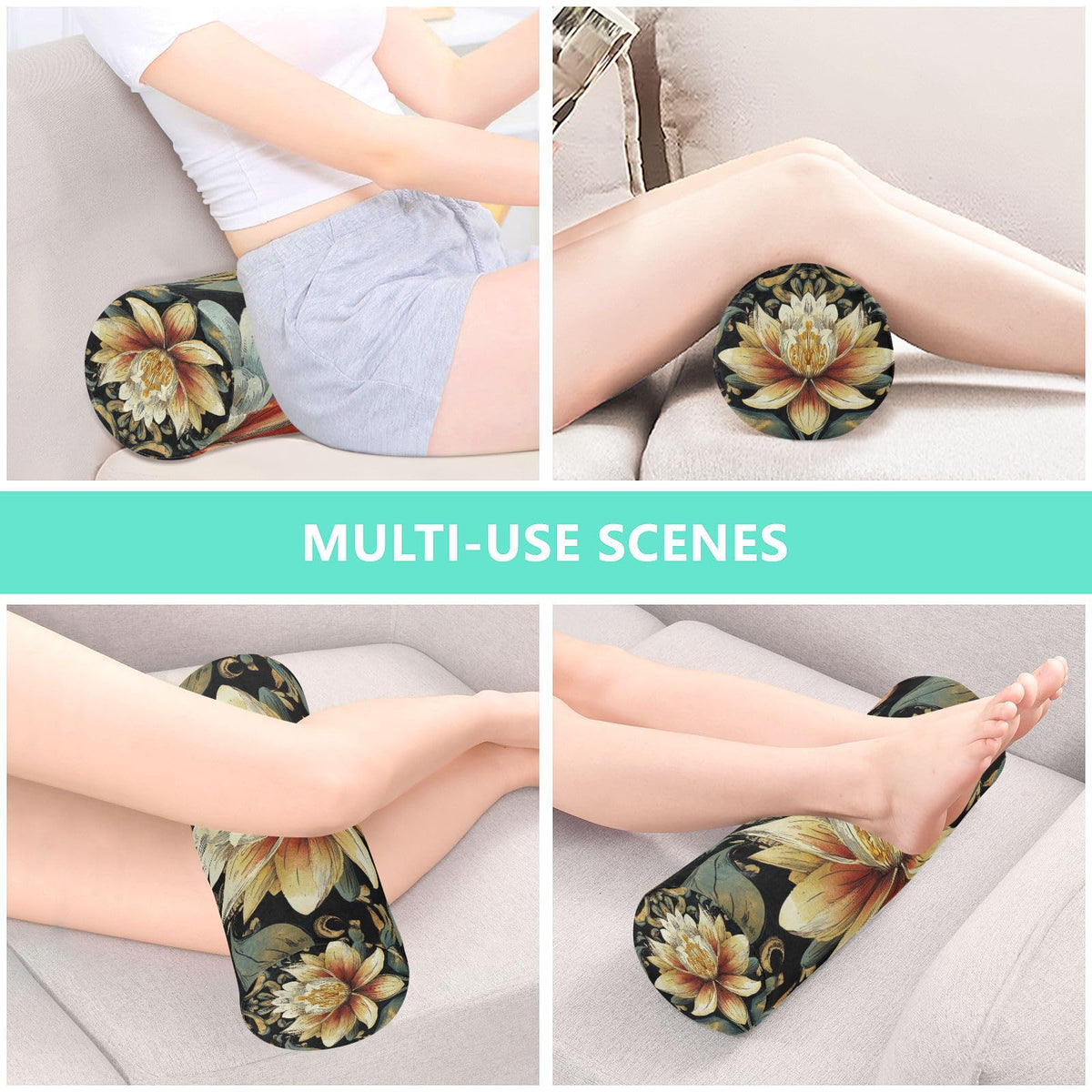 Boho Water Lily Flower Black Neck Roll Pillow Bolster Round Health Memory Foam Long Cervical Cylinder Pillows with Removable Washable Cover for Body Bed Legs Back Yoga (Boho Water Lily Flower Black)