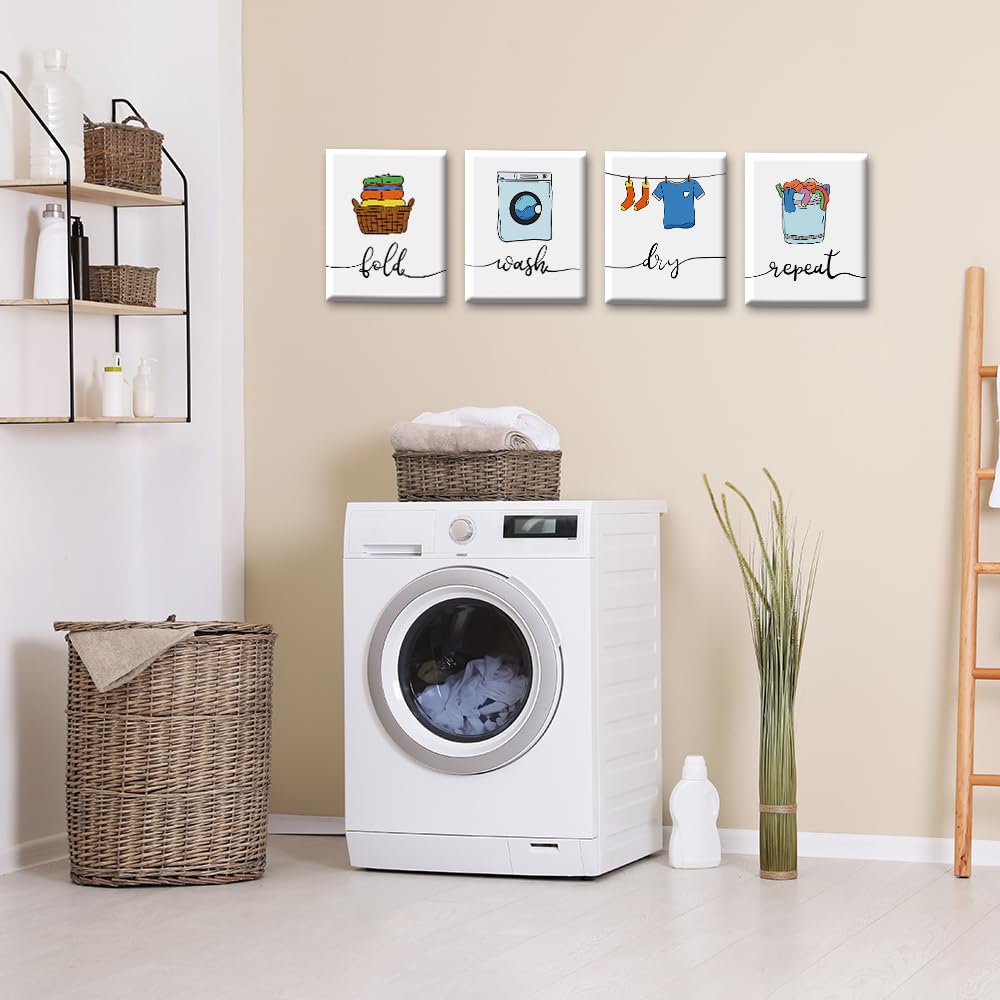 Laundry Room Wall Decor Watercolor Wall Art Canvas Set of 4 (8x10 Framed Laundry Room Wall Decor)