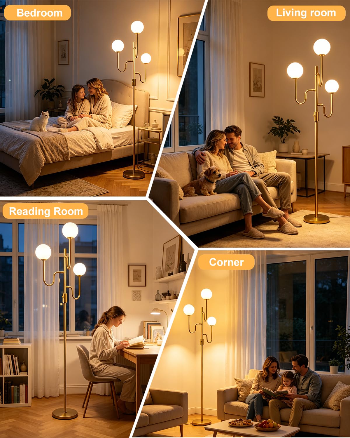 68IN Globe Gold Floor Lamp Dimmable Floor Lamps with 3000K Soft Warm White for Wedding (3 Globe-Gold Arm)