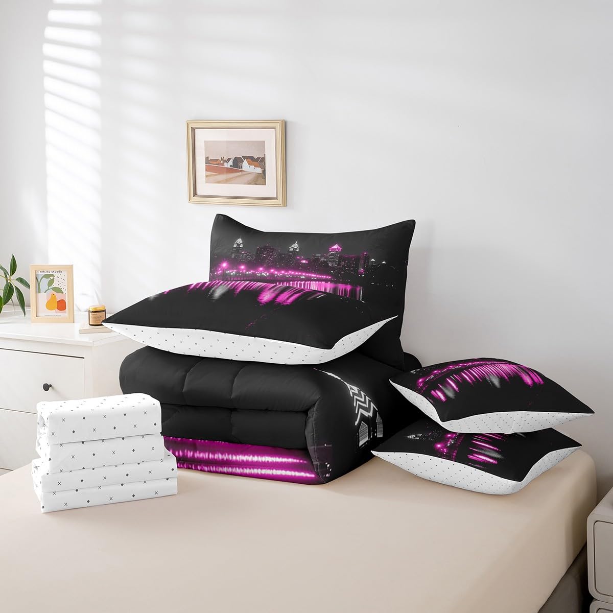 Golden Gate Bridge Comforter Set with Sheets Twin Size Kids Nightscape 7 Piece Bedding Set All Season Teens City Scenery Bed in A Bag Breathable Soft Lightweight Black Purple Room Decor (Carbon Black Purple / Twin)