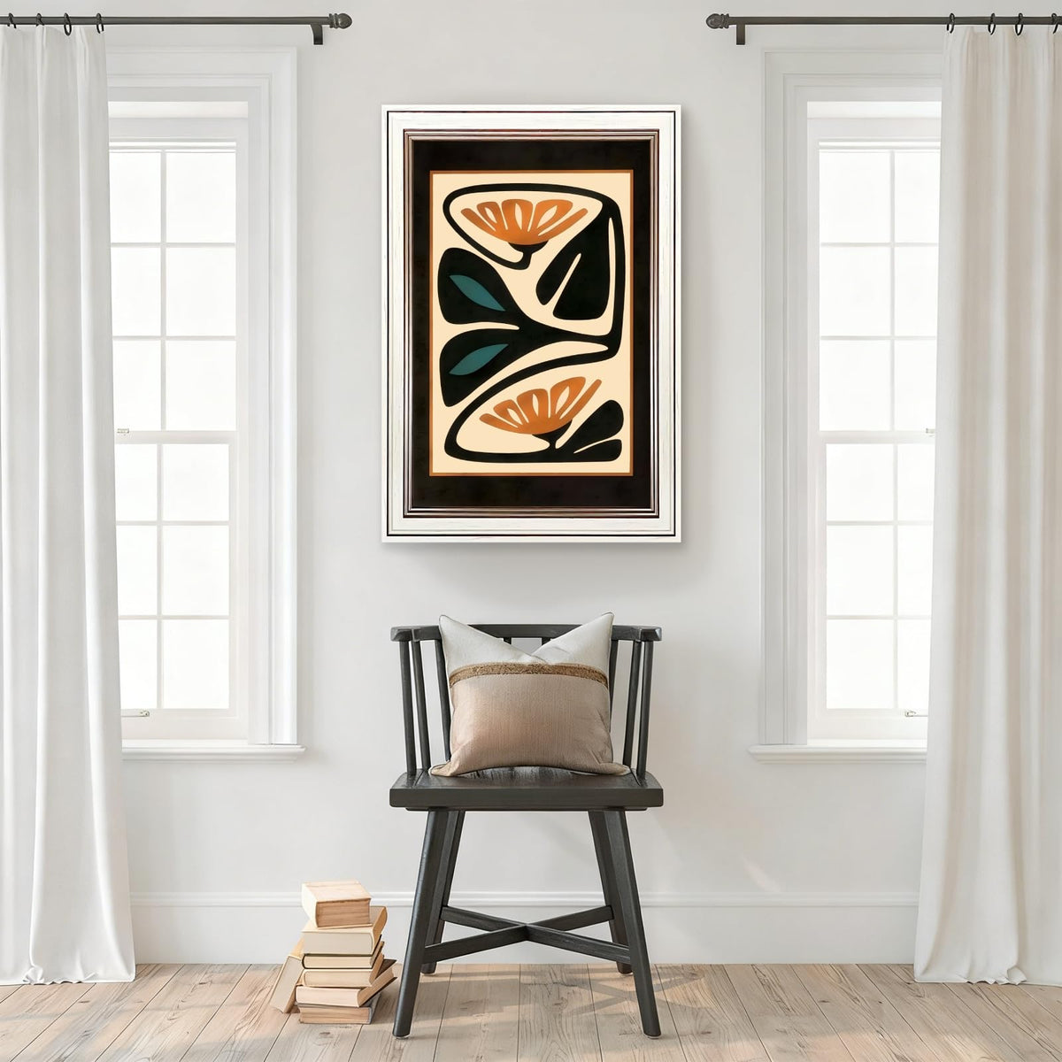 Framed Mid Century Modern Floral Wall Art Canvas Print Abstract Retro Flower Pictures Wall Decor Burnt Orange Teal Botanical Poster Contemporary Artwork for Living Room Bedroom Office 16x20inch White (16"L x 20"W / Style-4 Retro White Frame)