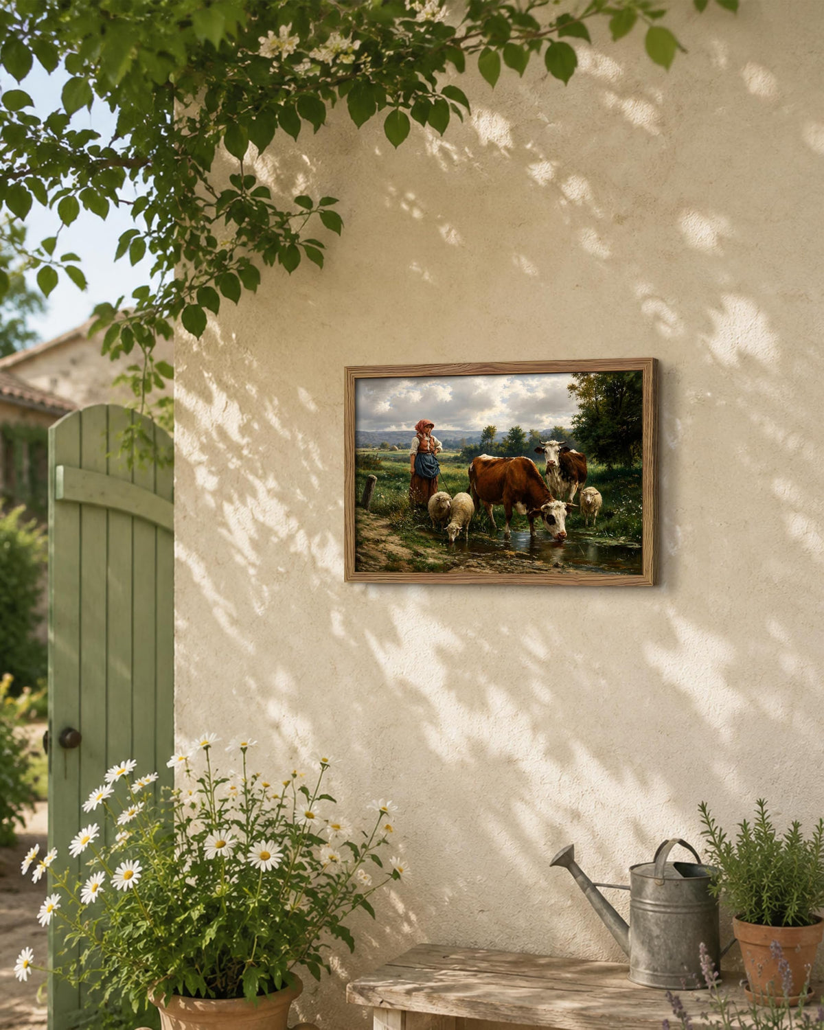 Vintage Pastoral Landscape Framed Canvas Wall Art (B-Herding Cattle / 24"L x 16"W)