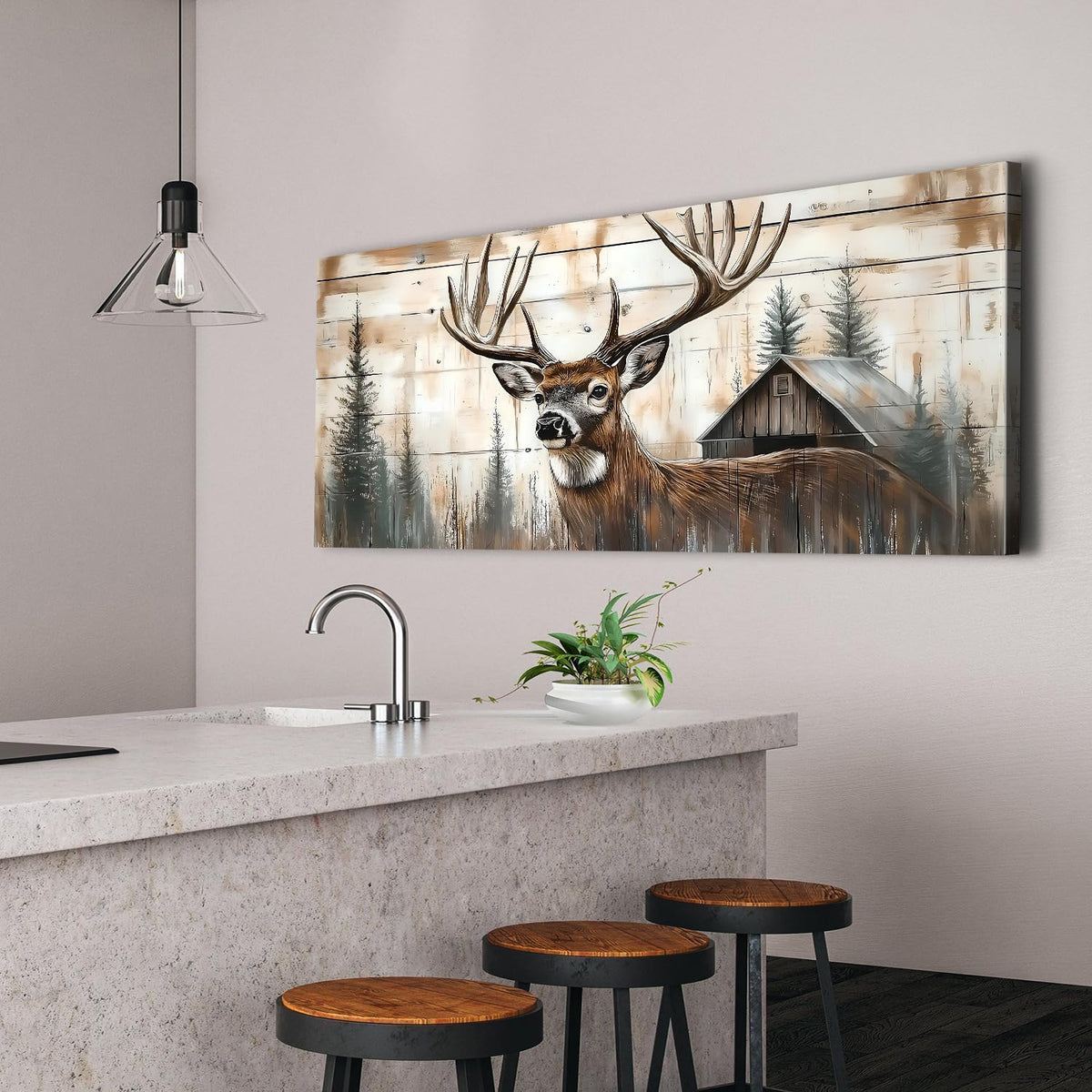 Farmhouse Deer Canvas Wall Art Rustic Deer Wall Decor Barn Picture for Kitchen Dining Room Home Decorations Wildlife Painting Vintage Tree Forest Poster Prints Woodland Animal Prints Artwork 24x48” (48"L x 24"W / DEER)