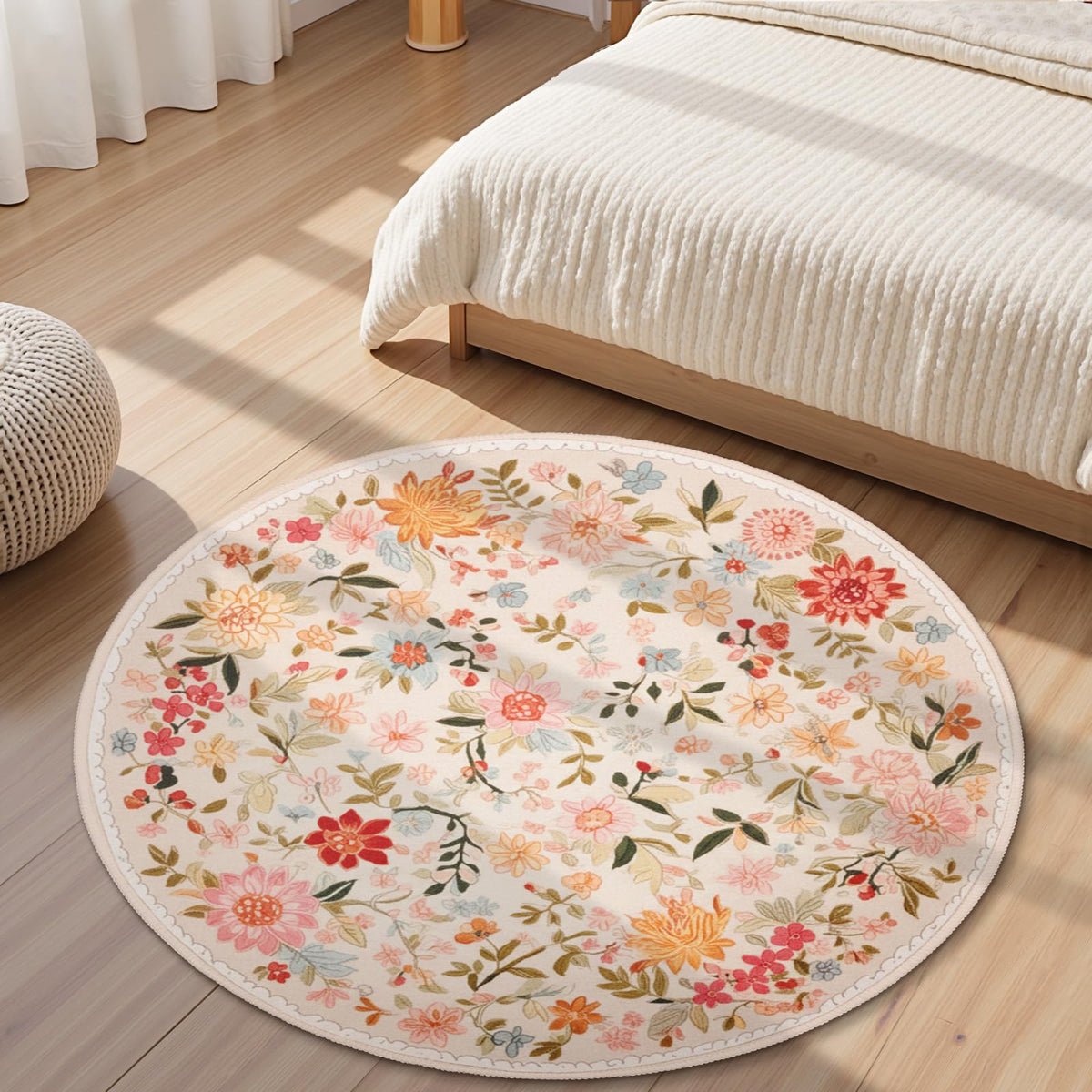 Boho Floral Round Area Rug 4ft (Daily-floral Pink C / 4' (Round))