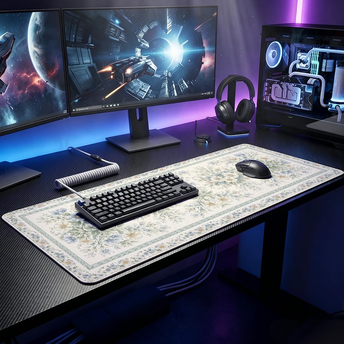 Vintage Floral Large Gaming Mouse Pad Blue Flowers Country Botanical Desk Mat (Vintage Floral / 31.5L x 11.5W inches)