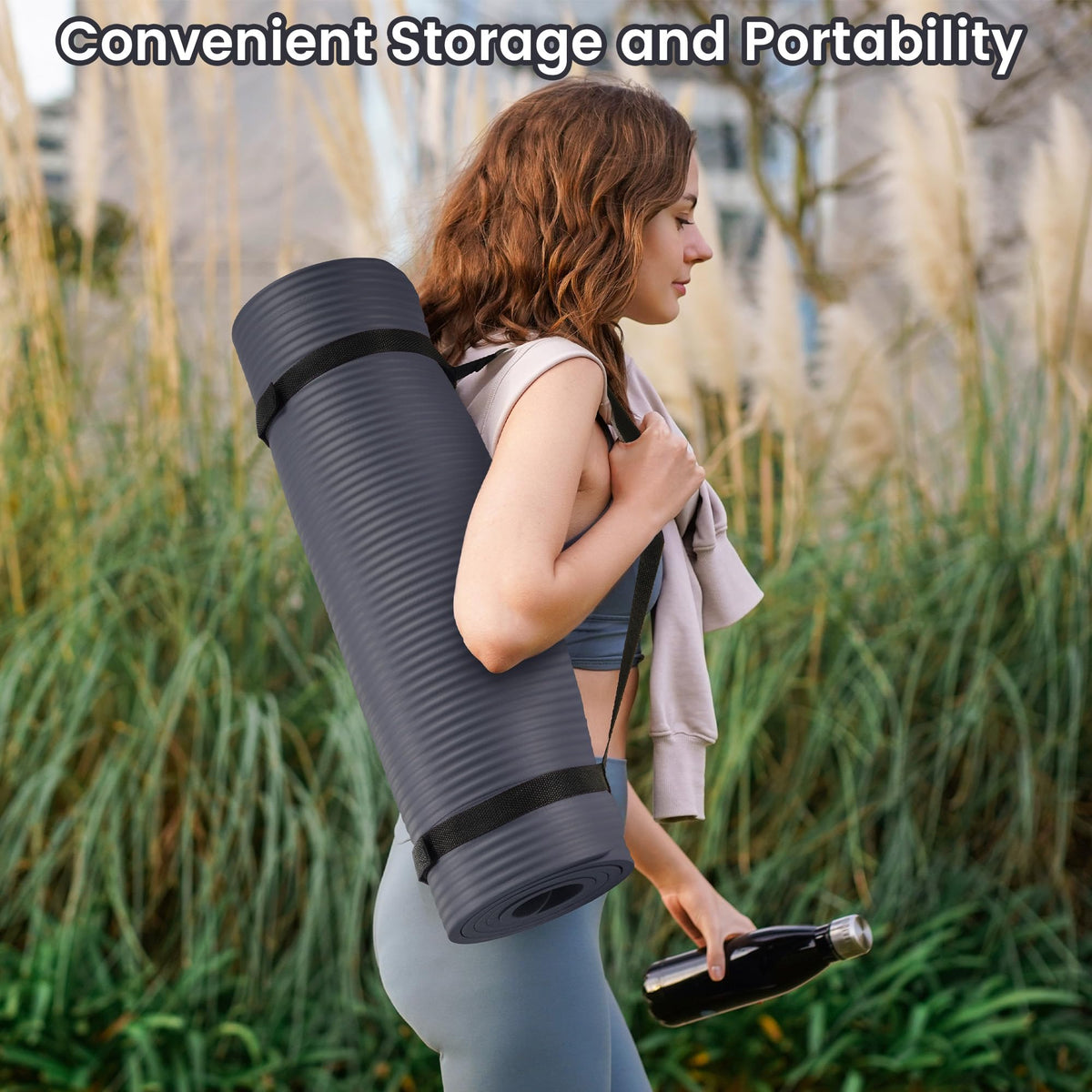 1/2-Inch Thick High Density Foam Exercise Yoga Mat with Carrying Strap, Graphite (Graphite)