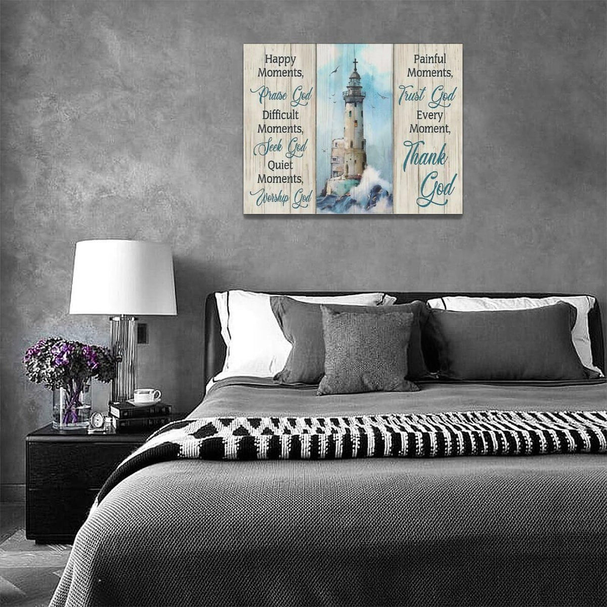 Lighthouse Wall Art Nautical Decor Ocean Coastal Canvas Painting Prints Christian Religious Quotes Pictures Wall Decor Modern Artwork Home Decoration for Bathroom Bedroom Living Room 16"x12" (Ocean Lighthouse / 16"L x 12"W)
