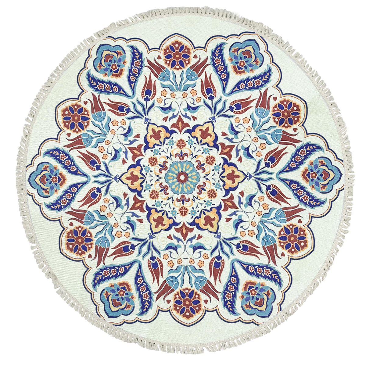 Round Floral 4Ft Boho Farmhouse Rug Circle Bohemian Bedroom Nonskid Decorative Rug with Tassels Washable Entrance Doormat Hallway Throw Carpet (Red/Blue / 4' (Round))