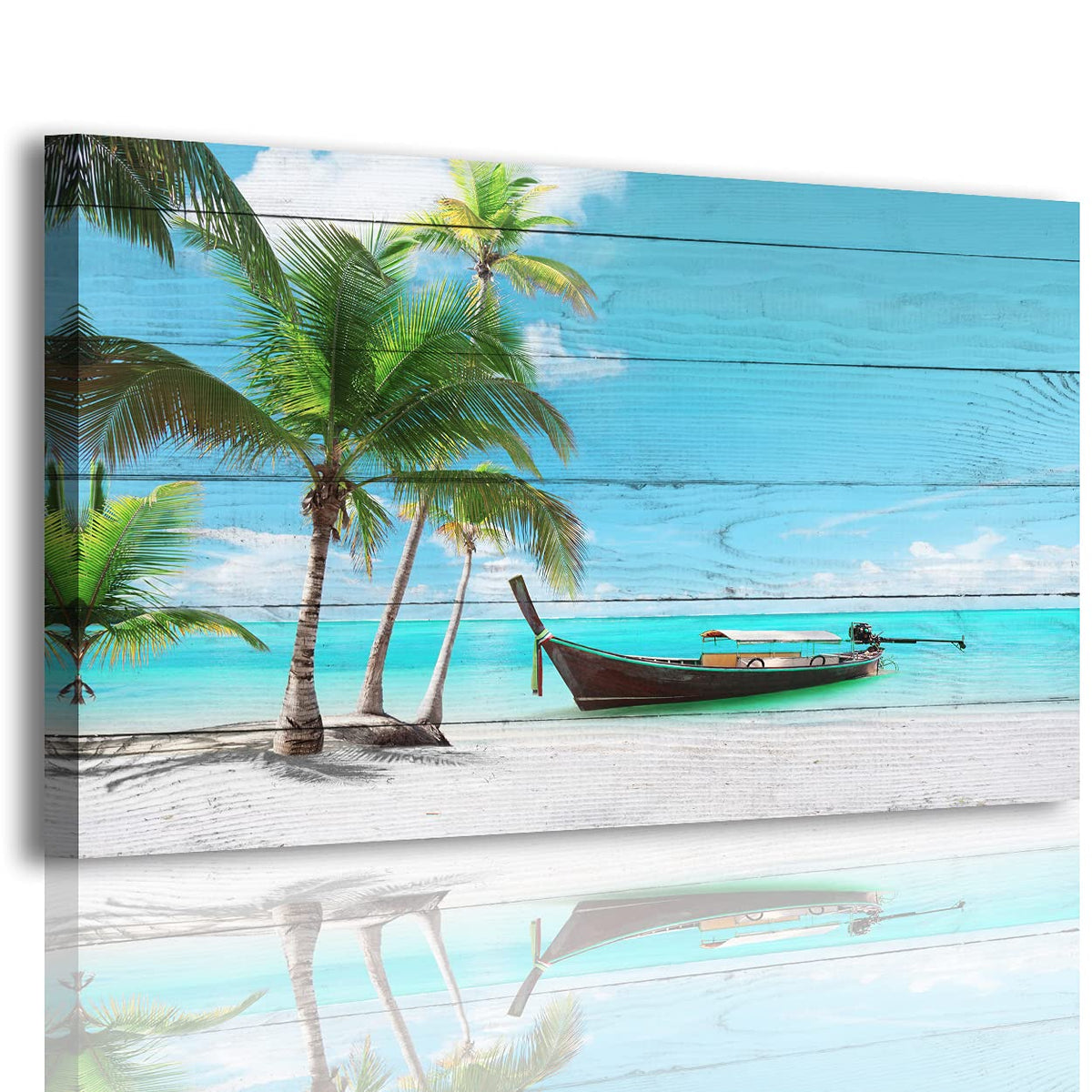Beach Picture Canvas Prints Coconut Tree Ocean Wall Art Home Decor Natural Seascape Paintings for Living Room Bathroom Bedroom Office Kitchen Decorations Wooden Framed Landscape Artwork 28x57 inchs (57"L x 28"W / Blue Ocean and Green Coconut Trees)