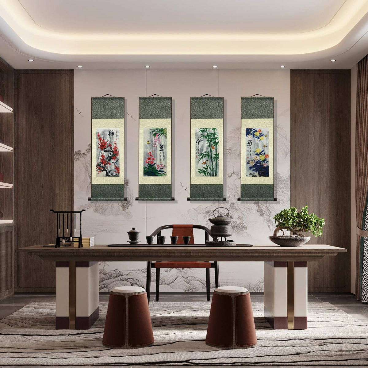 Bedroom Wall Art Chrysanthemum Silk Scroll Art Traditional Chinese Four Gentlemen Autumn Wall Decor Premium Silk for Home Living Room Bedroom Lounge Office Hotel Lobby 36x12 In (HJ-N004)