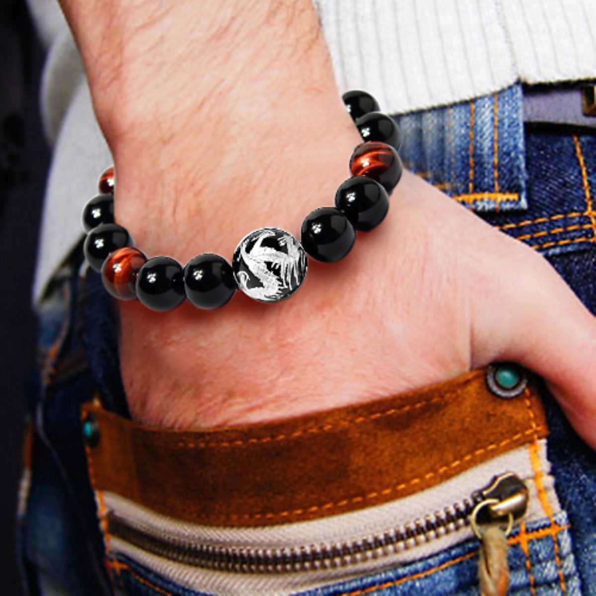 Men's Tiger Eye Stone Elastic Bead Bracelet with Loong Pattern Bead (12mm Silver)