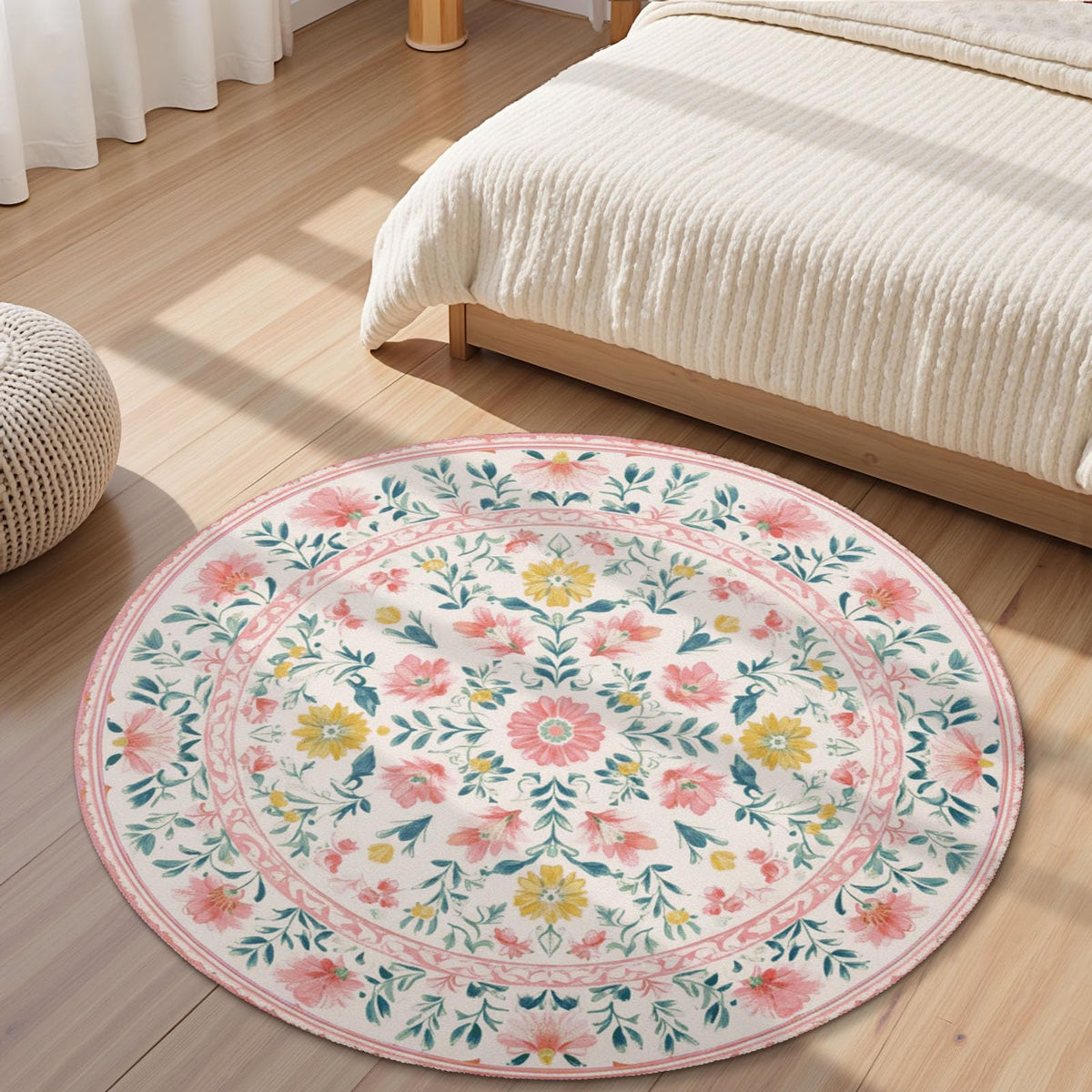 Boho Floral Round Area Rug 4ft (Daily-floral Pink B / 4' (Round))