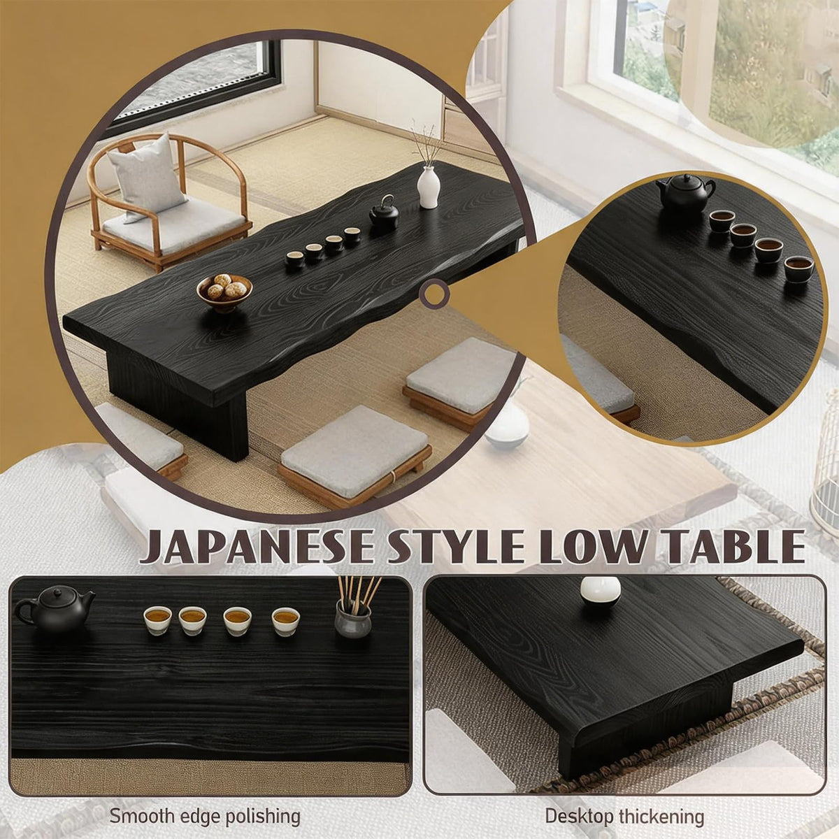 79" Solid Wood Japanese Floor Table (Black / 200*60*35cm)