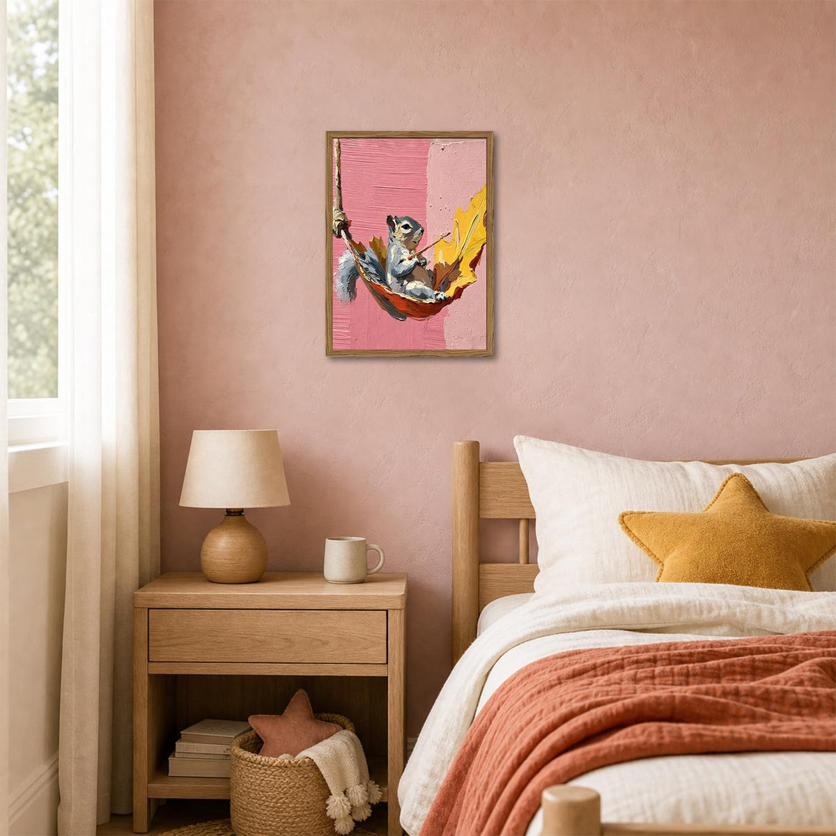 Cute Squirrel Wall Art Funny Woodland Animal Wall Decor Picture Whimsical Squirrel in Leaf Hammock Canvas Painting Print for Bedroom Living Kids Room Nursery 24x16 inch Wood Framed (Animal-A / 24"L x 16"W)