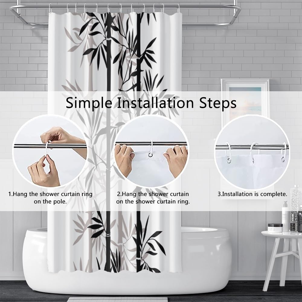 Black Grey Bamboo Shower Curtain Asian Chinese Bamboo Bathroom Curtains Oriental Chinese Ink Painting Classic Art Shower Curtain Washable Waterproof Fabric Bathroom Decoration 72x72 Inch (72"W x 72"L (Pack of 1) / White-59)
