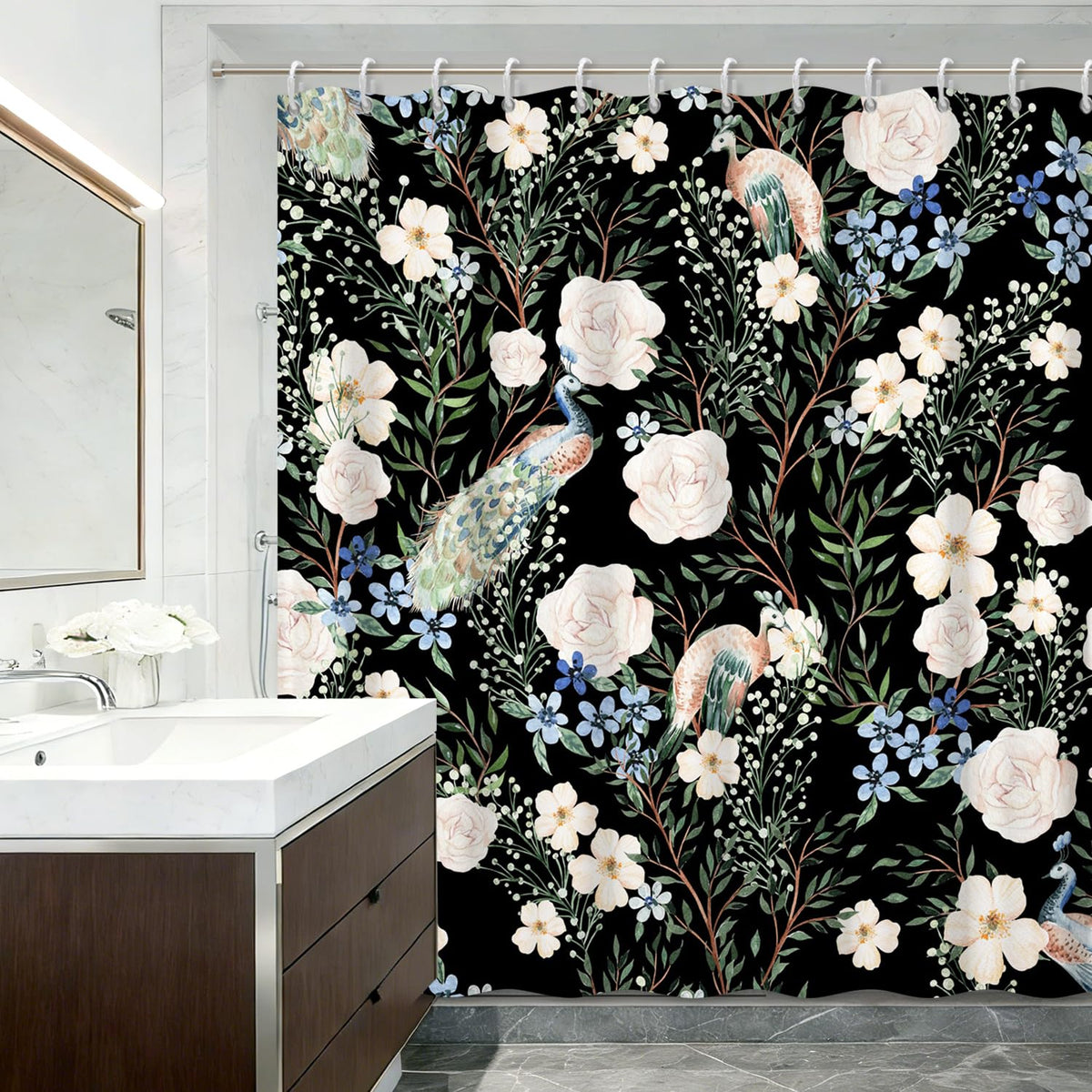 Peacock Floral Shower Curtain 71x74 Inch (Peacock & Floral)