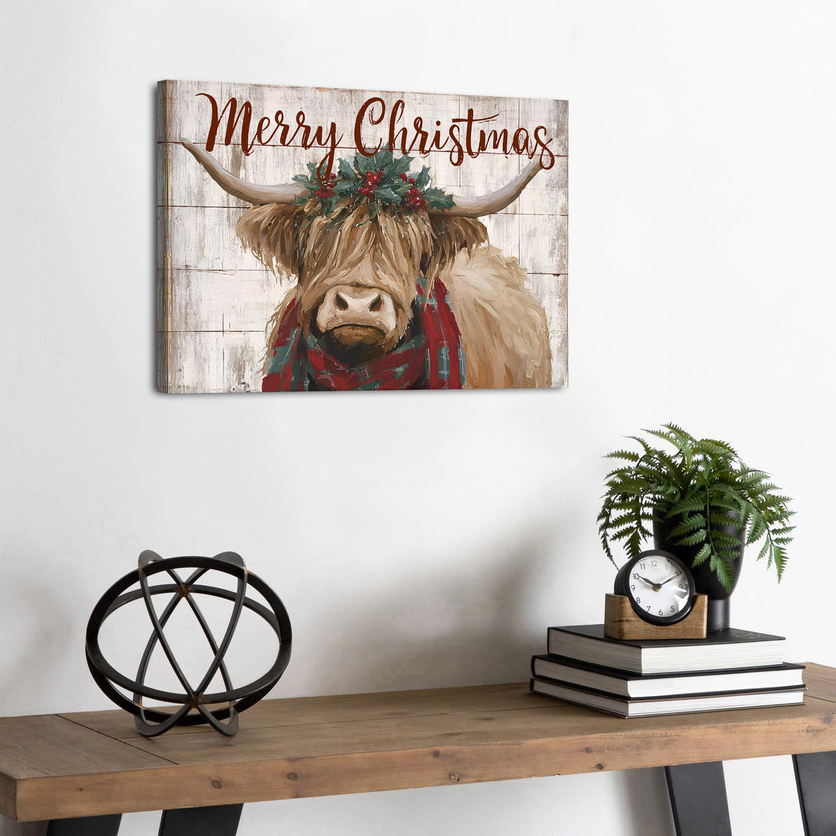 Christmas Highland Cow Wall Art Merry Christmas Sign Poster Rustic Farmhouse Cow Pictures Wall Decor Rustic Wood Grain Farm Animal Canvas Prints Artwork for Kitchen Dining Room Home Decoration 12x16" (16"L x 12"W / Xmas Cow)