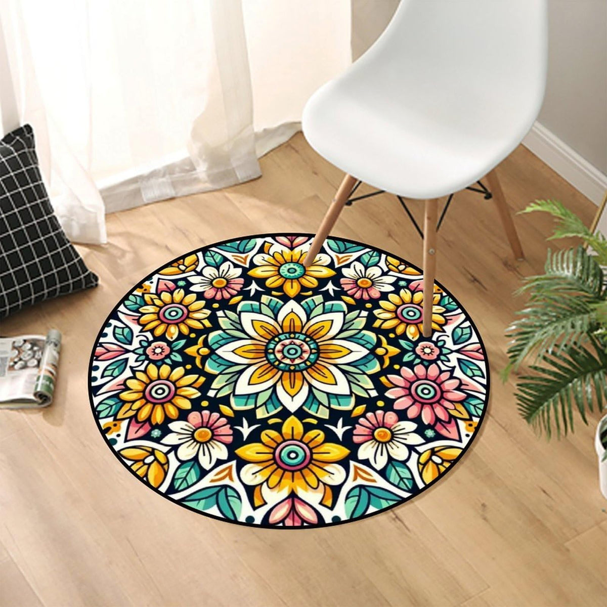 Round Area Rugs 2 FT Washable Non Slip Circle Rug (Geometric Florals / 2' (Round))