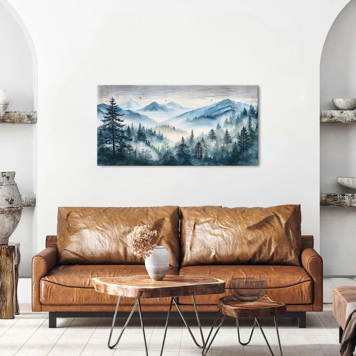 Great Misty Mountain Wall Art Teal Pine Tree Pictures Abstract Forest Wall Decor for Bedroom Vintage Foggy Scenery Poster Green Woodland Landscape Painting Artwork Living Room Home Decorations 20x40” (40"L x 20"W / Misty Forest)