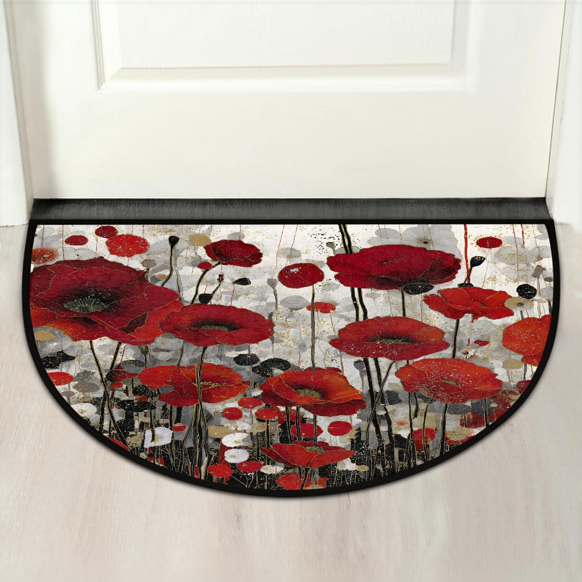 Retro Red Poppy Half Round Door Mat Non Slip Washable Semi Circle Area Rug Absorbent Soft Half Moon Rug Floor Mat for Indoor Outdoor Kitchen Bathroom Patio Front Door Mat Decor (B2)