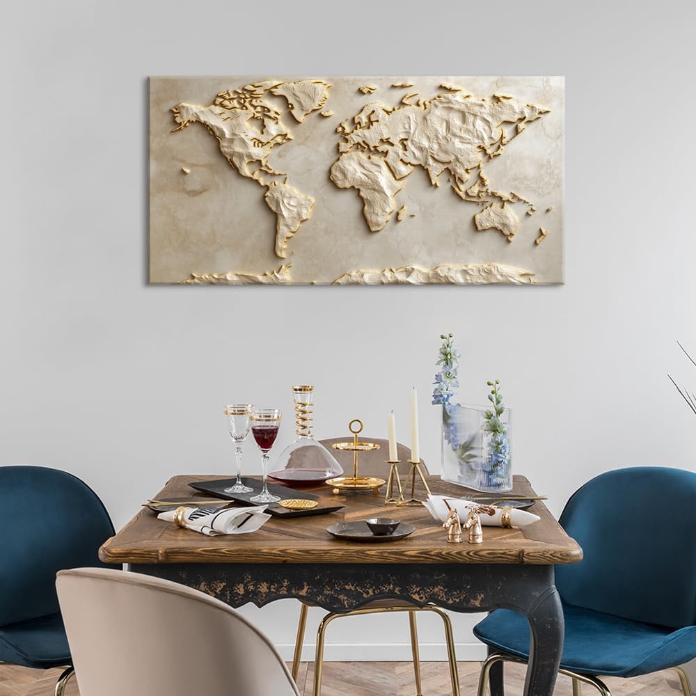Light Gold World Map Wall Art for Living Room Office Relief (Contemporary / Light Gold World Map Wall Art / 40"L x 20"W)