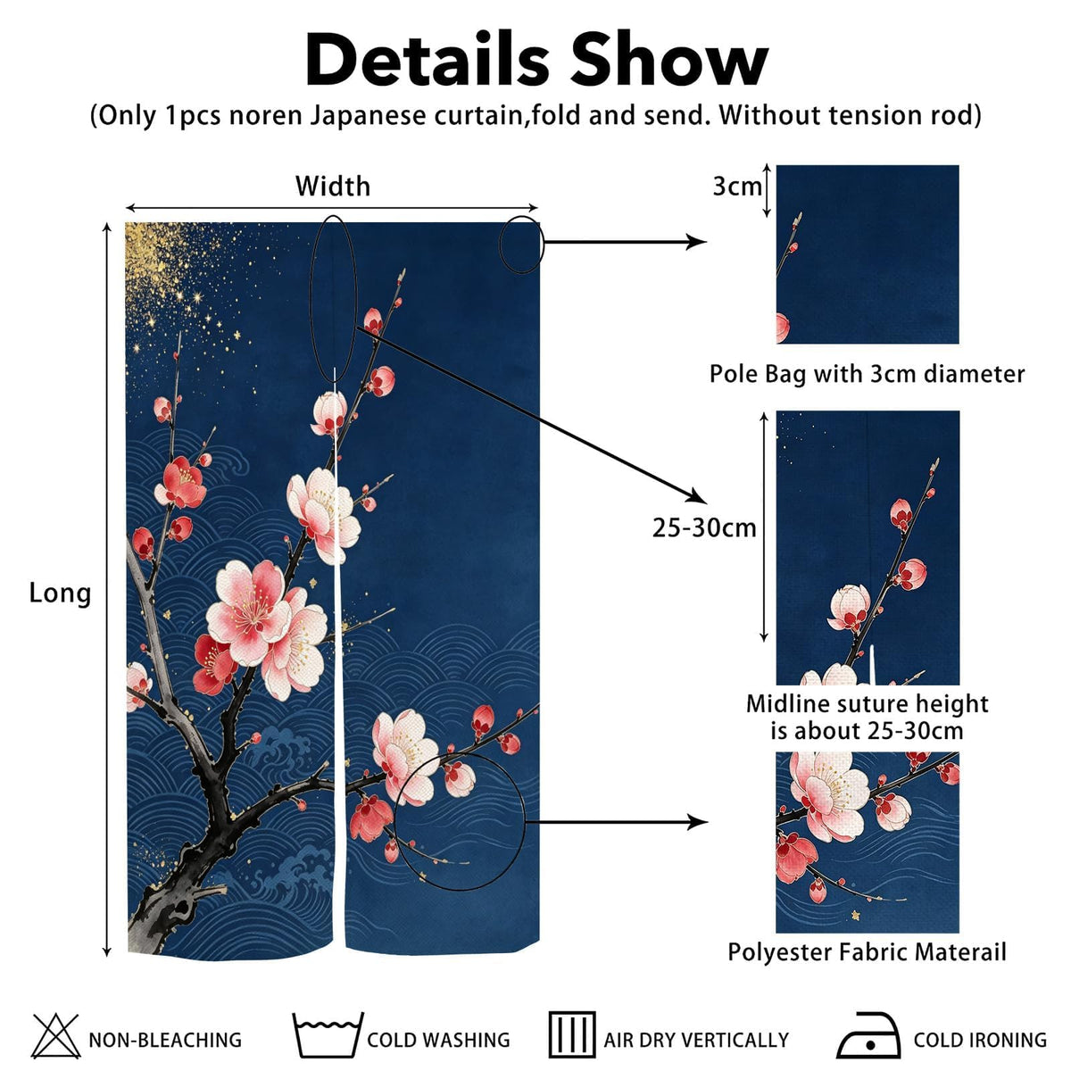 Japanese Noren Doorway Curtain Navy Blue Plum Blossom Wave 33.5x47.2in (Navy Blue / 33.5"W x 47.2"L (Pack of 1))