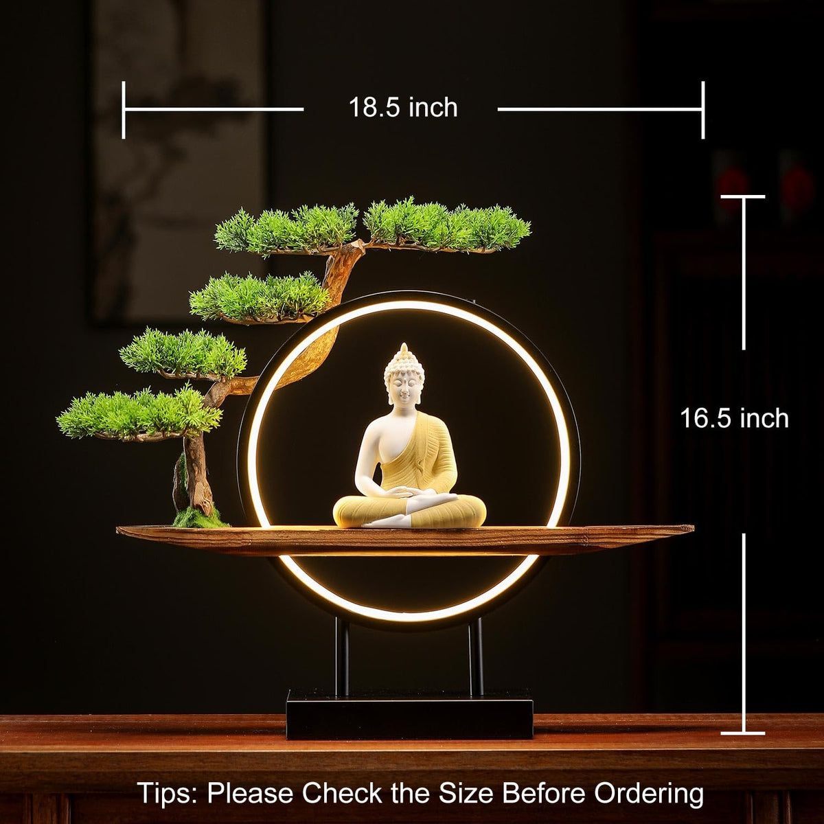 Buddha Statue Indoor with LED Circle Light and Green Artificial Tree (Yellow)