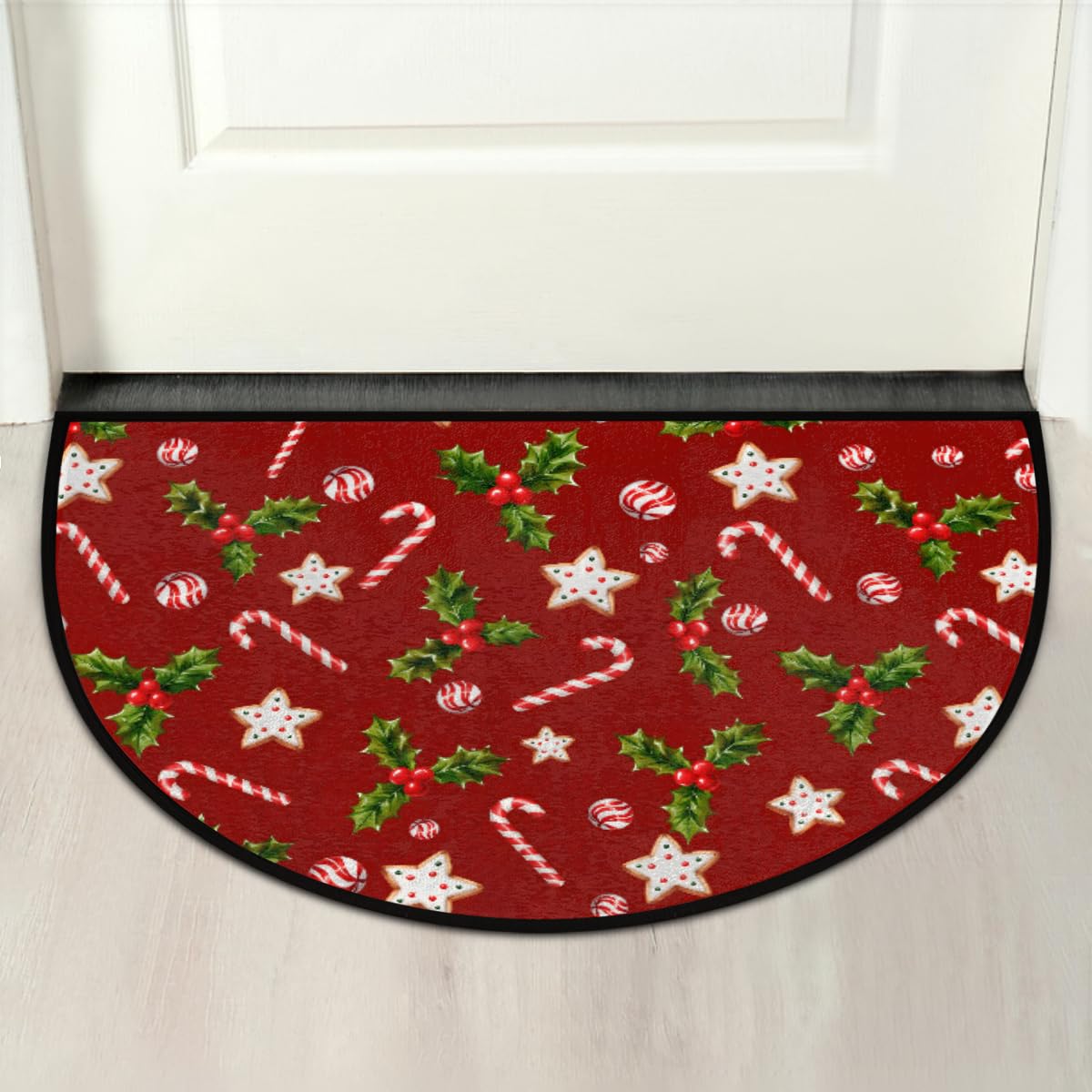 Candy Cane Half Round Door Mat Indoor Entrance Semi Circle Area Rugs (Z Christmas Xmas Candy Cane)