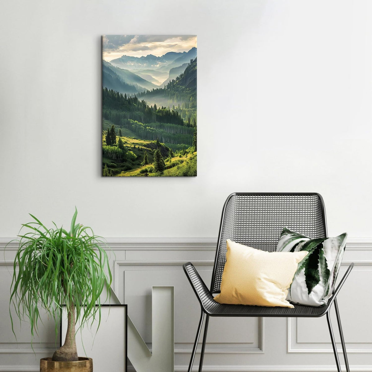 Foggy Forest Wall Art Nature Mountain Landscape Canvas Pictures for Bedroom Misty Forest Scenery Pictures Wall Decor Evergreen Tree Painting Poster Green Botanical Artwork for Home Decorations 16x24" (24"L x 16"W / Misty Mountain)
