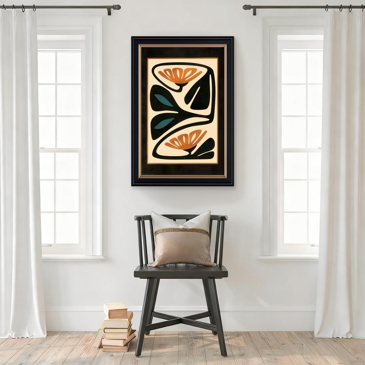 Framed Mid Century Modern Floral Wall Art Canvas Print Abstract Retro Flower Pictures Wall Decor Burnt Orange Teal Botanical Poster Contemporary Artwork for Living Room Bedroom Office 16x20inch Black (16"L x 20"W / Style-4 Retro Black Frame)