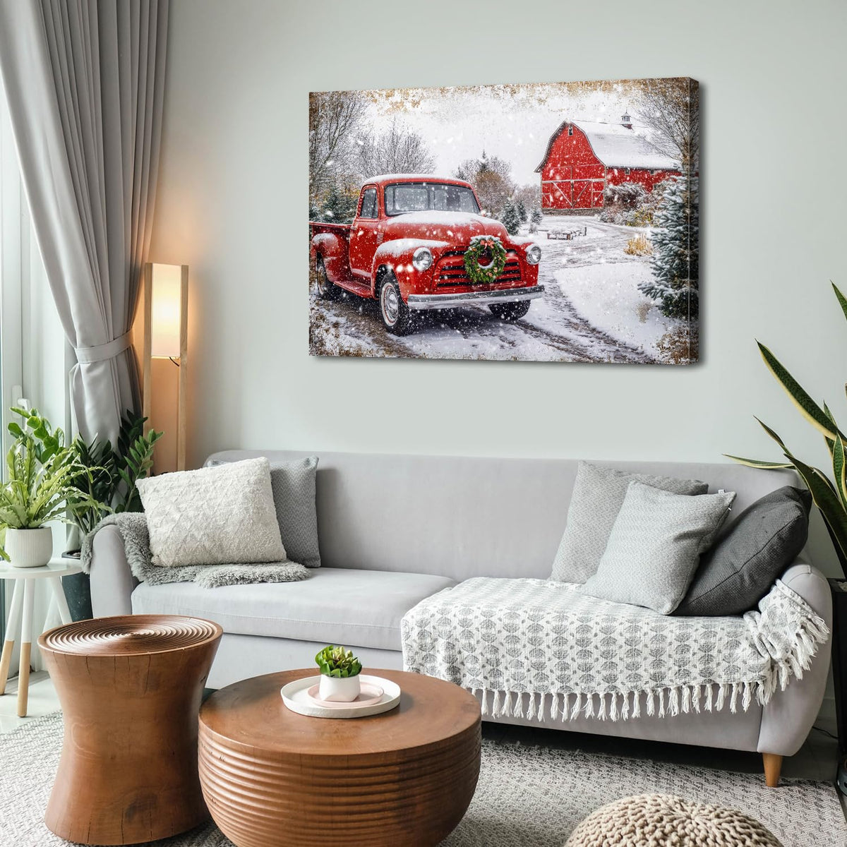 Farmhouse Barn Wall Art Vintage Christmas Wall Decor for Kitchen Rustic Red Truck Prints Country Old Car Picture Winter Scenery Painting Artwork Dining Room Woodland Natural Home Decoration 32x48" (48"L x 32"W / Truck)